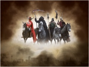 The pictures of the Four Horsemen were taken at the Liverpool May Horse Parade, for using in the Mersey River Festival then combined to make this picture.